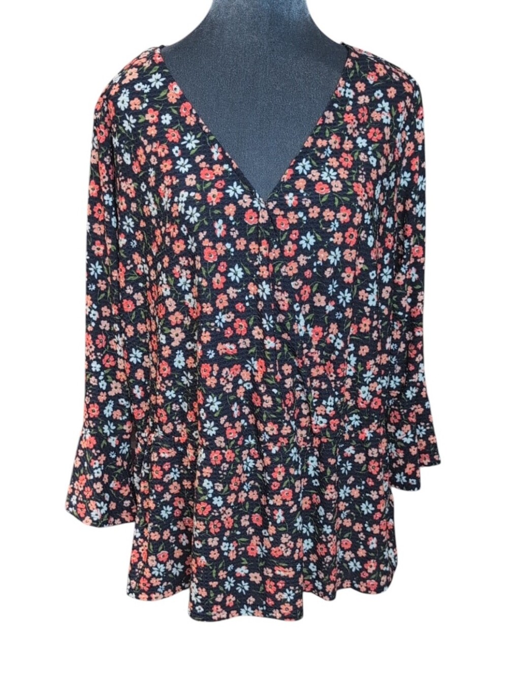 Michael Kors Navy Floral Peplum Top with 3/4 Bell Sleeves Size 1X